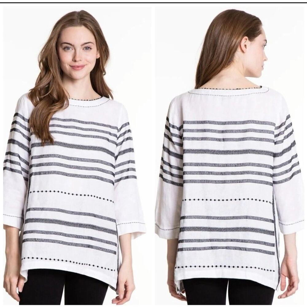 J. Jill Love Linen Striped Black Striped Tunic Top Size Large